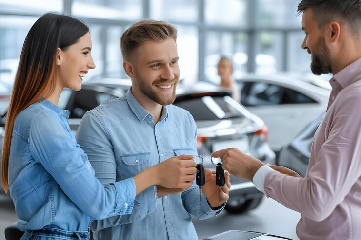 Una hermosa pareja feliz compró un coche en el concesionario y recibió las llaves del gerente.