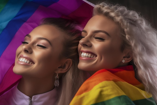 Una hermosa pareja gay con los colores de la bandera del arcoíris posando para una sesión de fotos del Mes del Orgullo LGBTQ