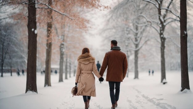 Hermosa pareja joven caminando en un parque de invierno nieve felicidad romance concepto del día de San Valentín