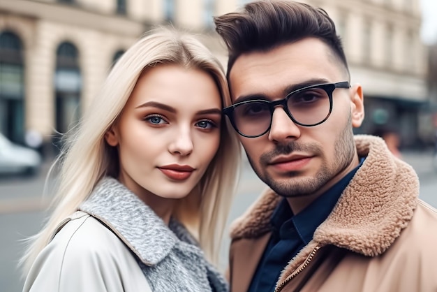 Hermosa pareja joven con chaquetas de cuero negro caminando por la calle de la ciudad IA generativa