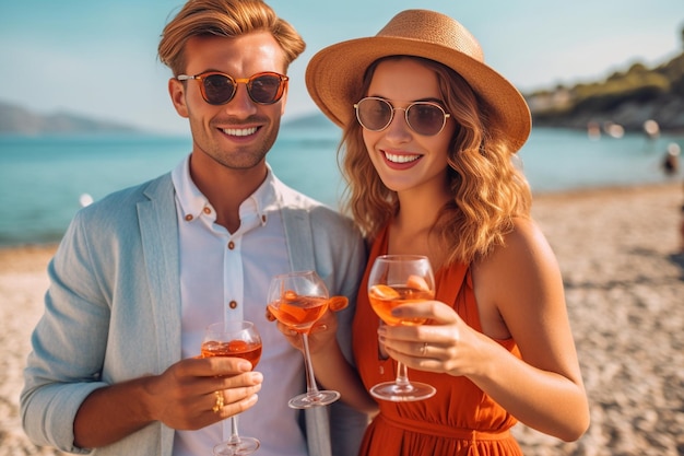 Una hermosa pareja joven disfrutando y bebiendo cócteles junto al mar IA generativa