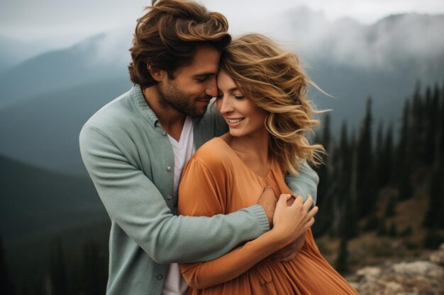 Una hermosa pareja joven enamorada se abraza y sonríe mientras está de pie en el fondo de las montañas IA generativa