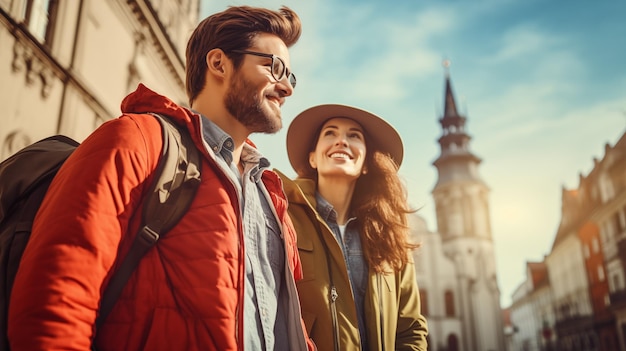 Una hermosa pareja joven está hablando y sonriendo mientras camina por la ciudad.