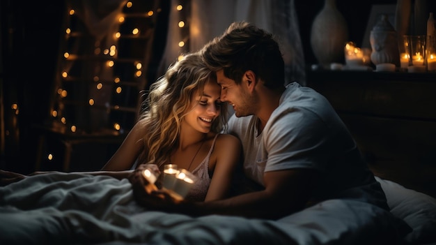 Una hermosa pareja joven se está mirando y sonriendo mientras yacen en la cama en casa