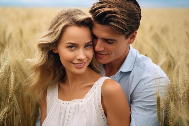 Foto una hermosa pareja joven y feliz en el campo de trigo ia generativa