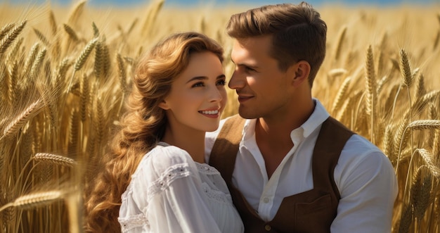 Foto una hermosa pareja joven y feliz en el campo de trigo ia generativa