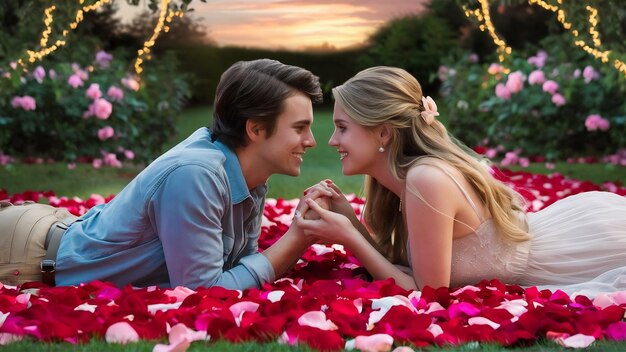 Una hermosa pareja joven se relaja acostada en pétalos de rosa.