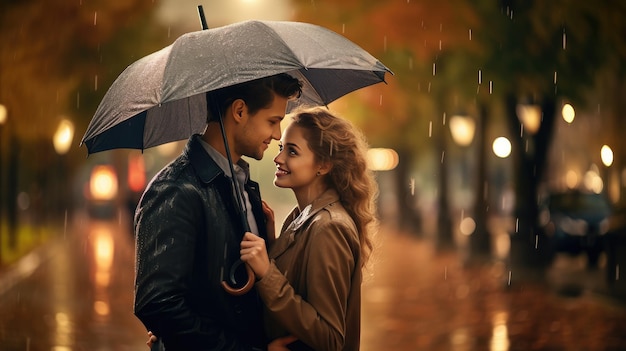 Una hermosa pareja joven sonriendo y compartiendo un paraguas da un paseo relajado bajo la lluvia