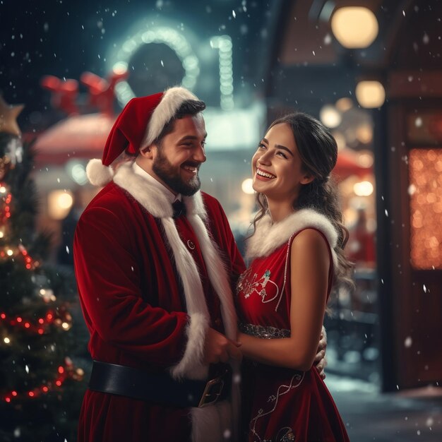 Hermosa pareja joven vestida de Papá Noel en el fondo del árbol de Navidad