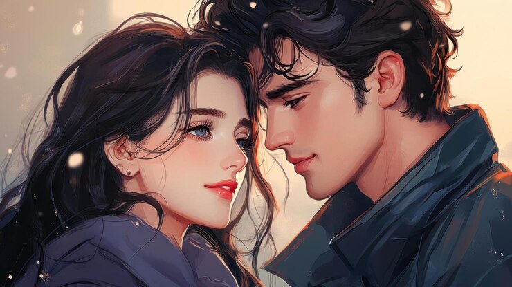 Una hermosa pareja de jóvenes enamorados mirándose el uno al otro en la puesta de sol.