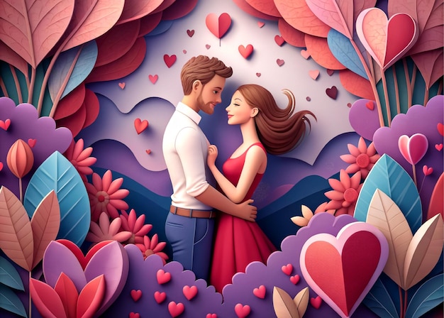 Una hermosa pareja de jóvenes soñando con su futuro estilo de arte de papel de fondo del corazón