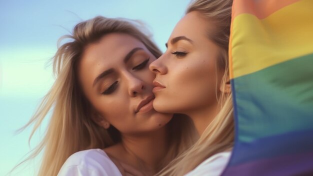 Foto hermosa pareja de lesbianas con bandera de arco iris