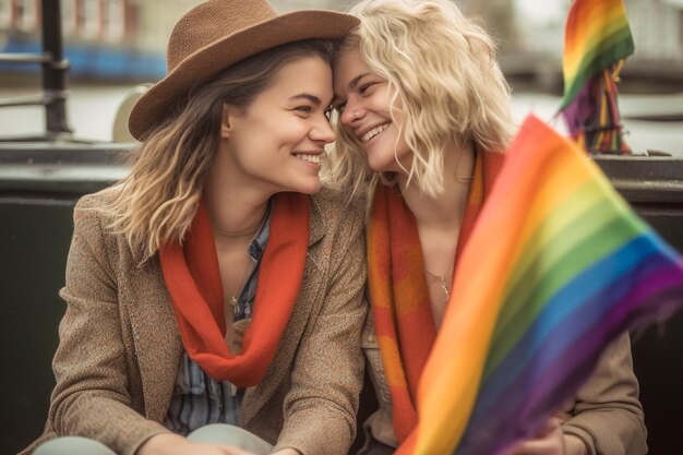 Hermosa pareja de lesbianas en un barco en Amsterdam celebrando el orgullo lgbtq con patrones de bandera del arco iris