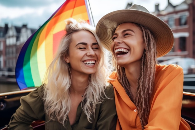 Hermosa pareja de lesbianas en un barco en Amsterdam celebrando el orgullo lgbtq con patrones de bandera del arco iris