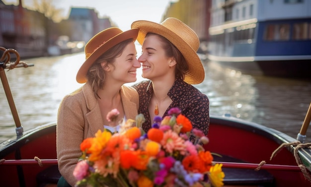 Hermosa pareja de lesbianas en un barco en Amsterdam celebrando el orgullo lgbtq con patrones de bandera del arco iris
