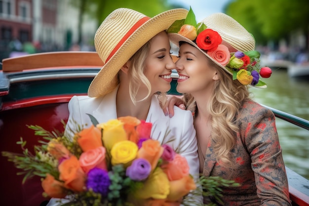 Hermosa pareja de lesbianas en un barco en Amsterdam celebrando el orgullo lgbtq con patrones de bandera del arco iris