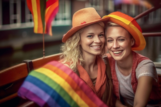 Hermosa pareja de lesbianas en un barco en Amsterdam celebrando el orgullo lgbtq con patrones de bandera del arco iris