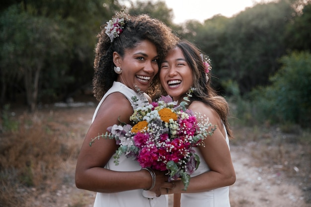 Una hermosa pareja de lesbianas celebrando su día de bodas al aire libre.