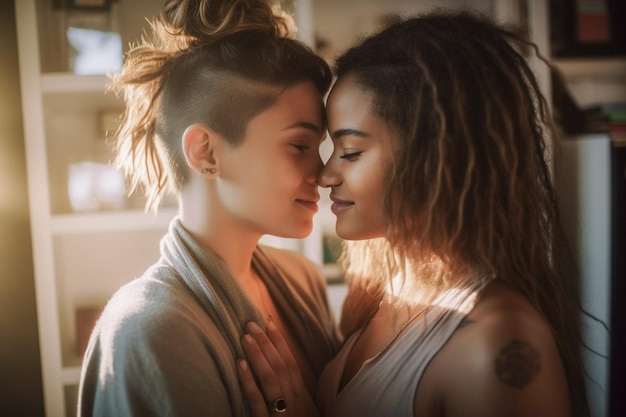 Hermosa pareja de lesbianas gay practicando meditación de atención plena y bienestar en casa