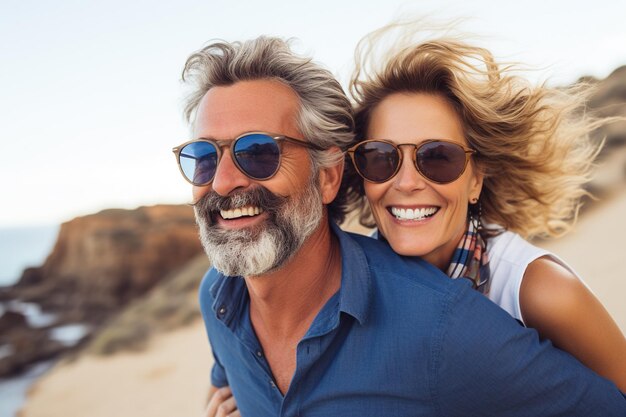 Una hermosa pareja de mediana edad disfruta de un paseo en la playa en verano.