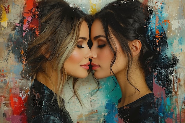 Una hermosa pareja de mujeres besándose.