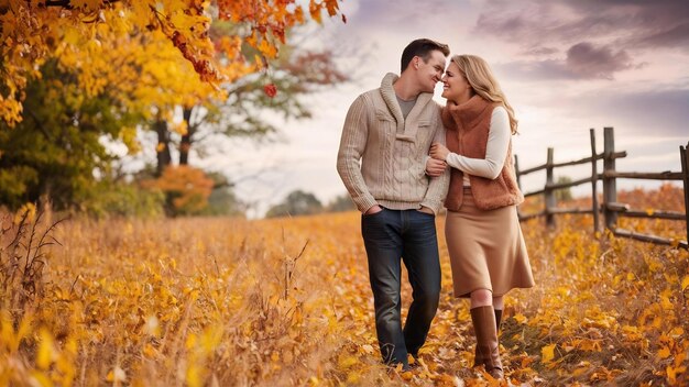 Una hermosa pareja pasa tiempo en un campo de otoño