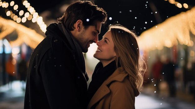 Una hermosa pareja patinando sobre hielo en invierno mirándose y besándose románticamente por la noche