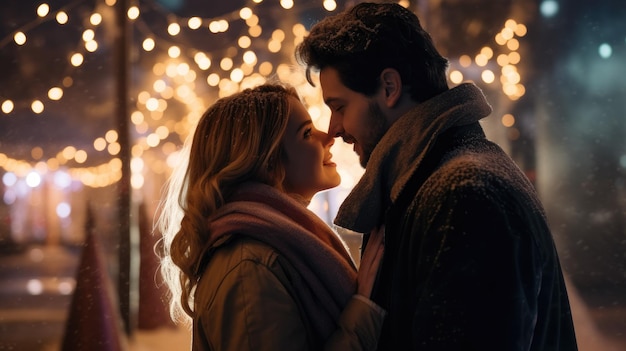 Una hermosa pareja patinando sobre hielo en invierno mirándose y besándose románticamente por la noche