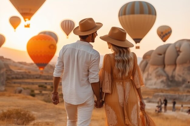 Hermosa pareja de personas irreconocibles viendo coloridos globos aerostáticos en vuelo Generado por IA