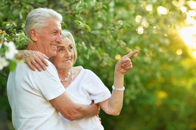 Hermosa pareja senior abrazándose en el parque mujer señalando con el dedo