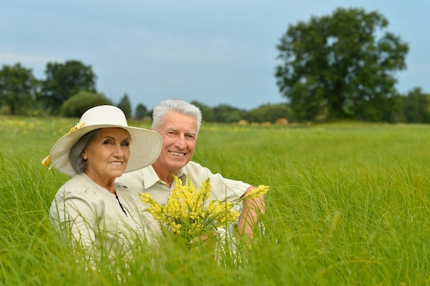 Hermosa pareja senior en un campo de verano