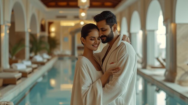 Una hermosa pareja en túnicas de baño disfrutando en un lujoso hotel