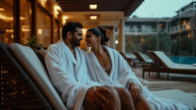 Una hermosa pareja en túnicas de baño disfrutando en un lujoso hotel