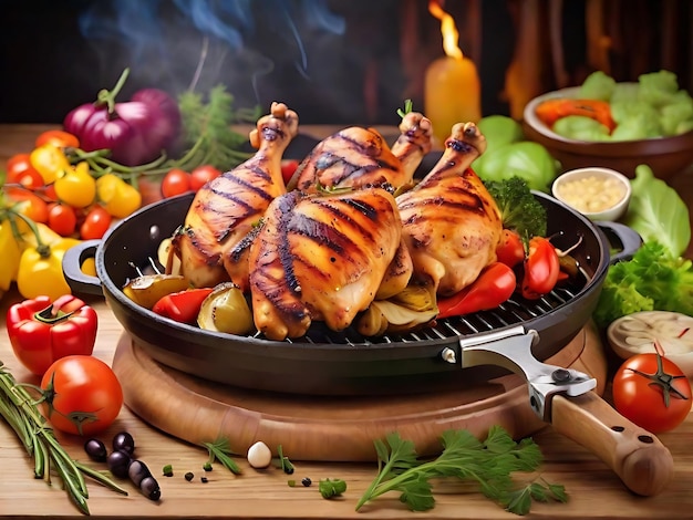 Hermosa parrilla de pollo con verduras en la mesa