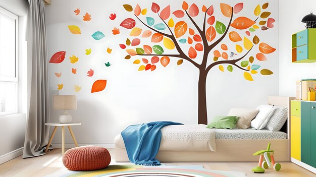 Una hermosa pegatina de pared de un árbol con hojas coloridas La pegatina es perfecta para decorar una habitación de niños o guardería