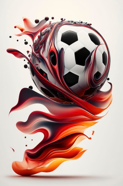 Una hermosa pelota de fútbol sobre un fondo blanco en el estilo de formas de mezcla de fluidos