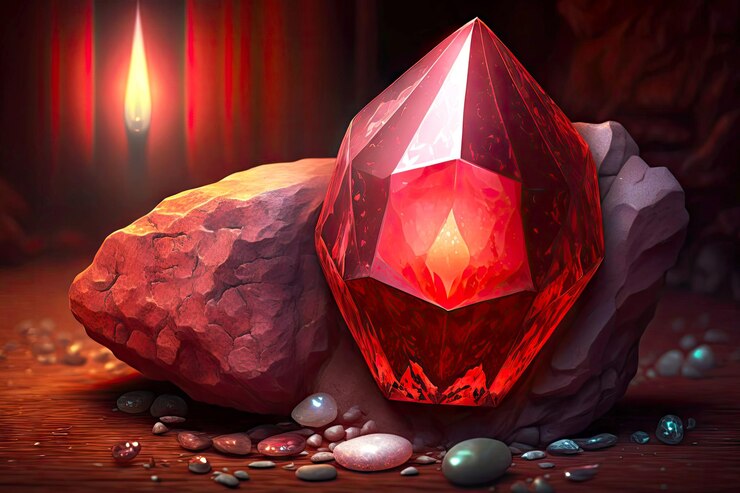 Foto hermosa piedra roja con brillo interior y cristales a la luz de la linterna