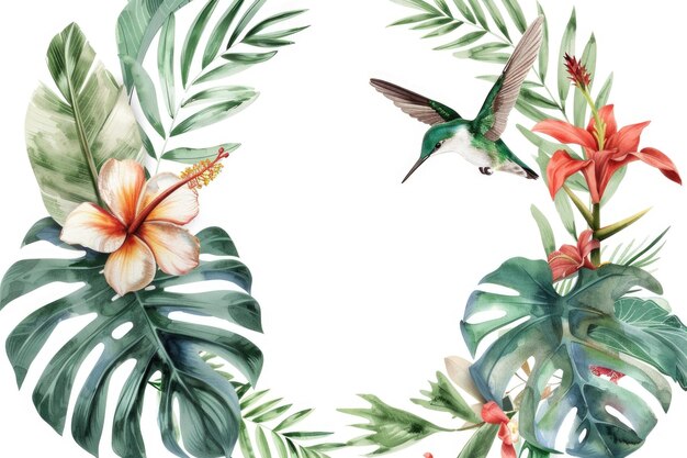 Hermosa pintura en acuarela de un colibri rodeado de vibrantes flores tropicales Perfecto para los amantes de la naturaleza y los entusiastas de la botánica