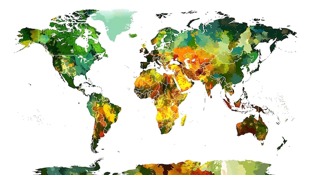 Una hermosa pintura en acuarela del mapa del mundo Los colores son vibrantes y saturados y las pinceladas son sueltas y expresivas