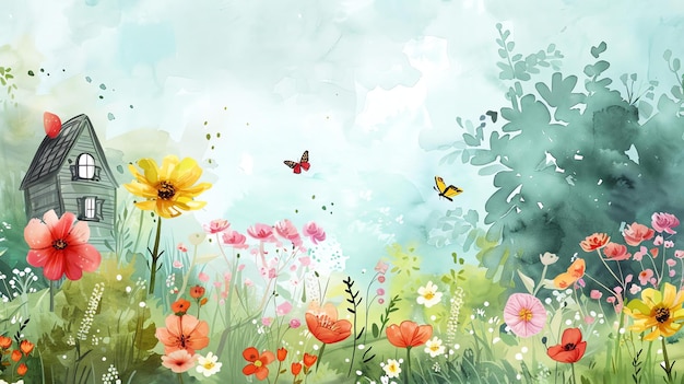 Una hermosa pintura en acuarela de un prado en primavera La imagen presenta una pequeña cabaña en el fondo rodeada de un exuberante campo de flores