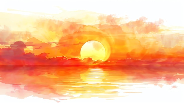Foto una hermosa pintura en acuarela de una puesta de sol sobre el océano los cálidos colores del cielo y el agua crean una escena pacífica y serena