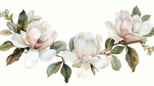 Una hermosa pintura en acuarela de una rama de magnolia con flores blancas y hojas verdes