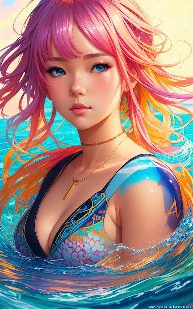 hermosa pintura de anime de la dama summerpunk vadeando el océano