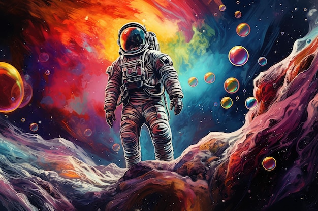 Hermosa pintura de un astronauta en una burbuja colorida