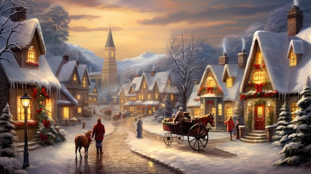 Hermosa pintura de una ciudad en la víspera de Navidad