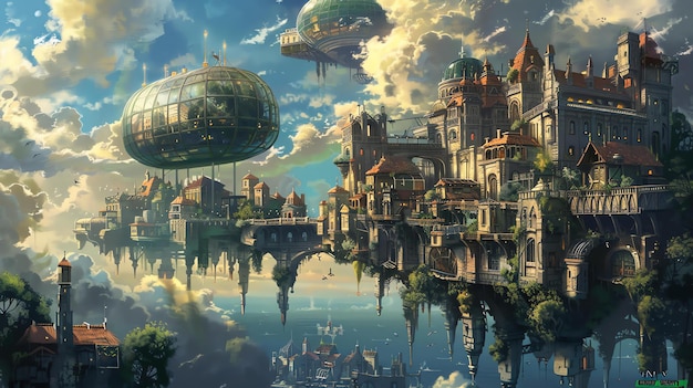 Una hermosa pintura digital de una ciudad steampunk en el cielo