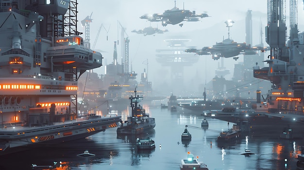 Foto una hermosa pintura digital de un paisaje urbano futurista la ciudad está construida en un río y hay muchos barcos y botes atracados a lo largo de las orillas