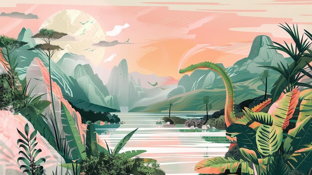 Una hermosa pintura de un dinosaurio de pie en un valle exuberante el cielo es un gradiente de rosa y naranja y el sol se pone sobre las montañas el dinosaurio es un saurópodo de cuello largo y es sur