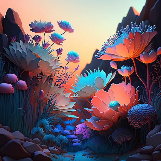 hermosa pintura de fantasía en 3d flores retroiluminadas en colores pastel Inteligencia artificial