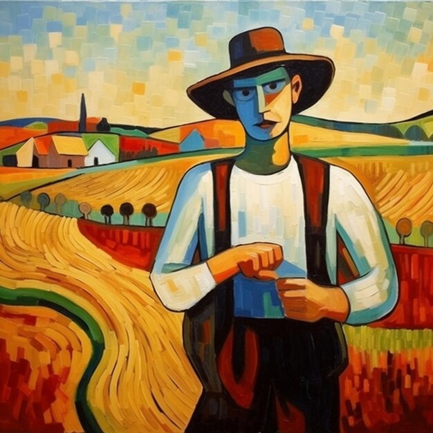 Foto hermosa pintura de un granjero en un campo de arroz.